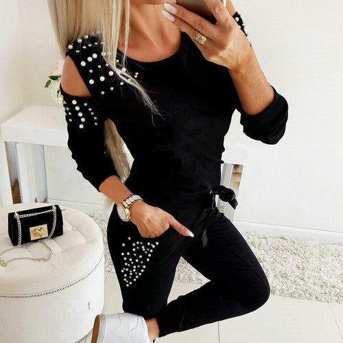 Damen eleganter Freizeitanzug mit schicken Cut-Outs und perlverzierten Ärmeln R&B