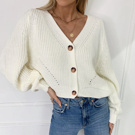 Damen Grobstrick-Cardigan mit tiefem V-Ausschnitt und Holzknopfdetails R&B