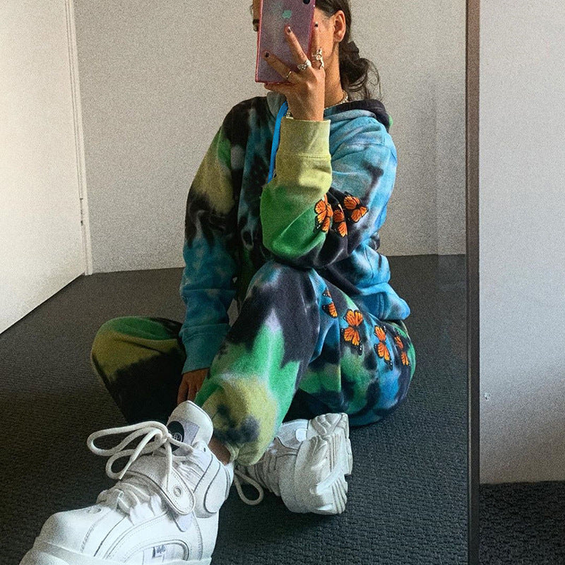 Damen Kapuzenanzug mit buntem Batikmuster und floralen Applikationen R&B
