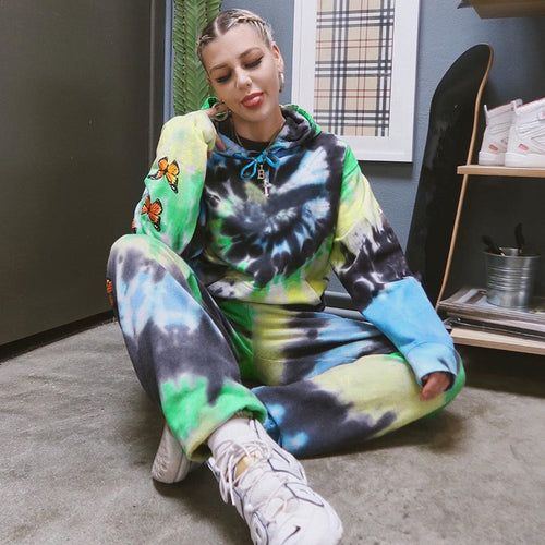 Damen Kapuzenanzug mit buntem Batikmuster und floralen Applikationen R&B