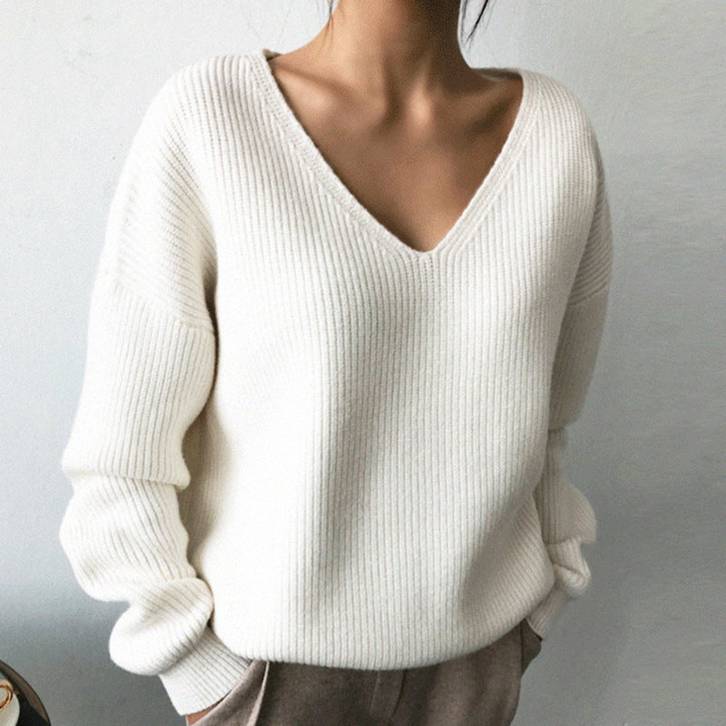 Damen eleganter V-Ausschnitt Strickpullover mit strukturiertem Design R&B