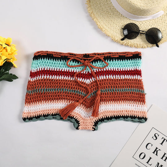 Damen Häkelstrandshorts mit verstellbarem Bund und einzigartigem Streifenmuster R&B