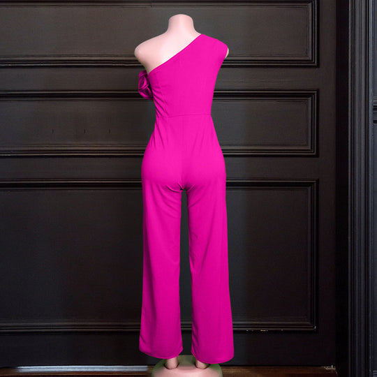 Damen eleganter Jumpsuit mit asymmetrischem Schnitt und voluminösen Rüschendetails R&B