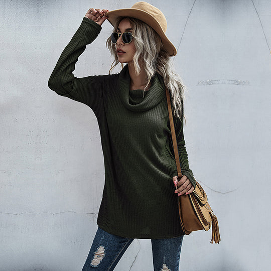 Damen modischer Oversized Pullover mit weitem Kragen und Rippstruktur R&B