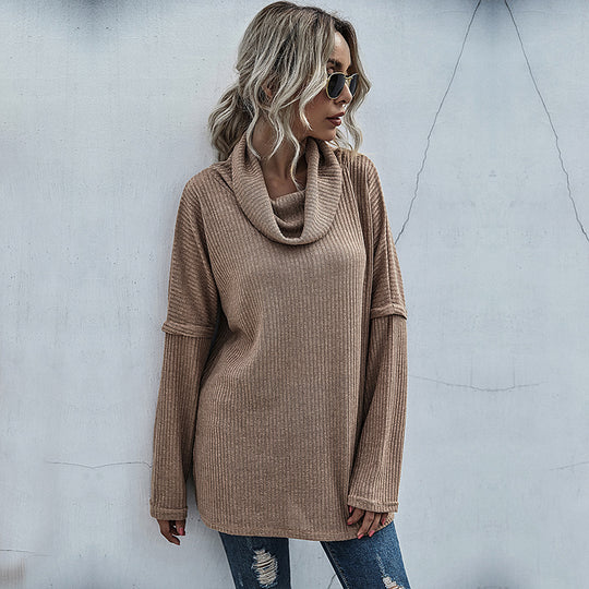 Damen modischer Oversized Pullover mit weitem Kragen und Rippstruktur R&B