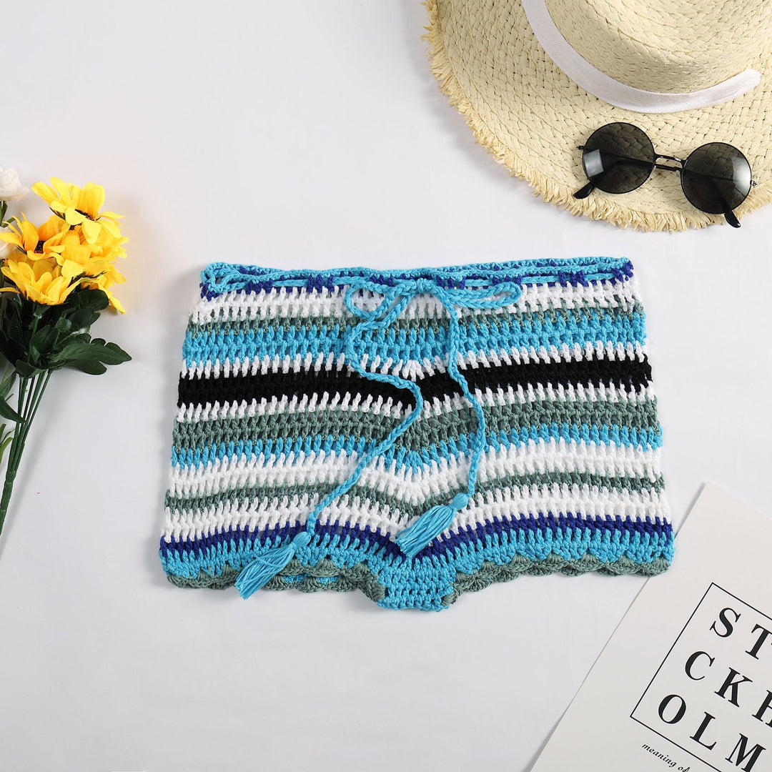 Damen Häkelstrandshorts mit verstellbarem Bund und einzigartigem Streifenmuster R&B