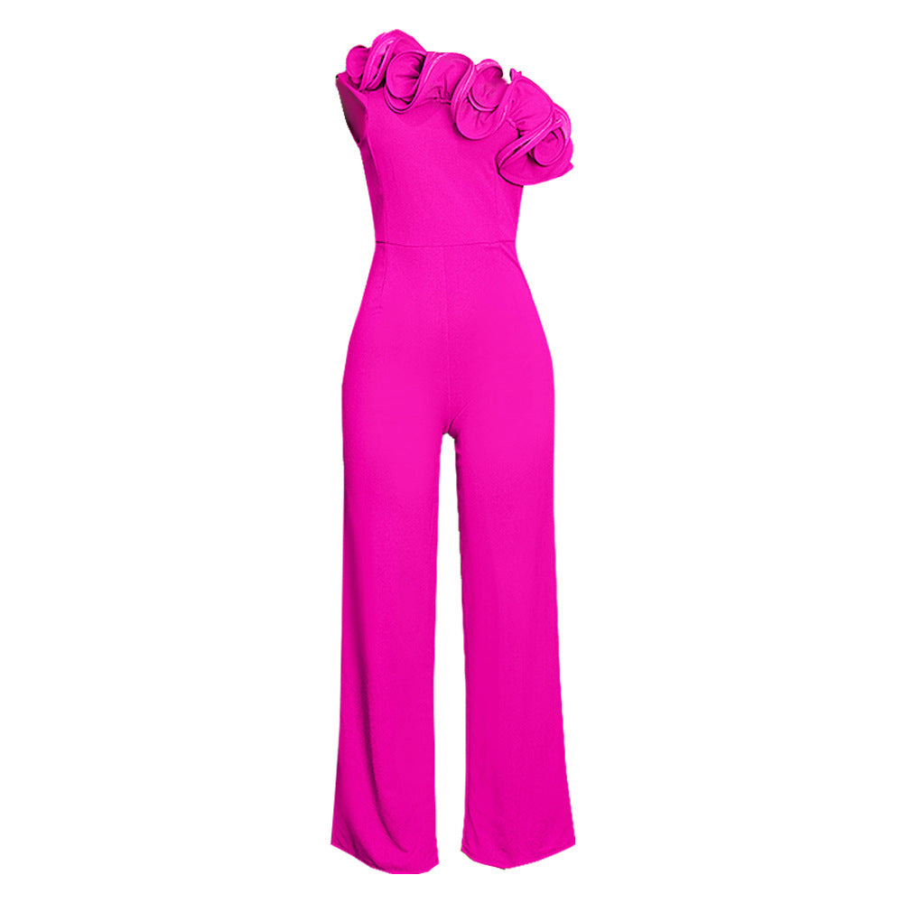 Damen eleganter Jumpsuit mit asymmetrischem Schnitt und voluminösen Rüschendetails R&B