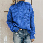 Damen Strickpullover mit hohem Kragen und Zopfmuster R&B