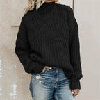Damen Strickpullover mit hohem Kragen und Zopfmuster R&B