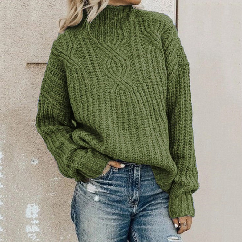 Damen Strickpullover mit hohem Kragen und Zopfmuster R&B