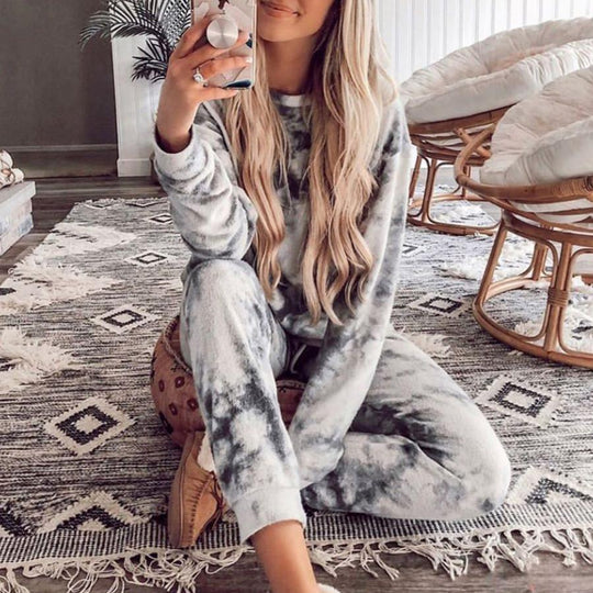 Damen lässiger Jogginganzug aus weichem Fleece-Material mit Batikdesign R&B