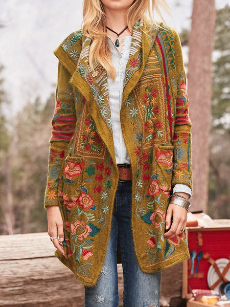 Damen kunstvoll bestickte Strickjacke mit Kapuze und Taschen R&B