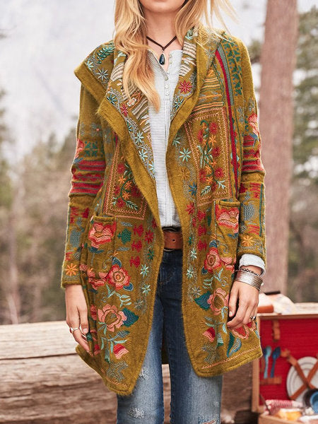 Damen kunstvoll bestickte Strickjacke mit Kapuze und Taschen