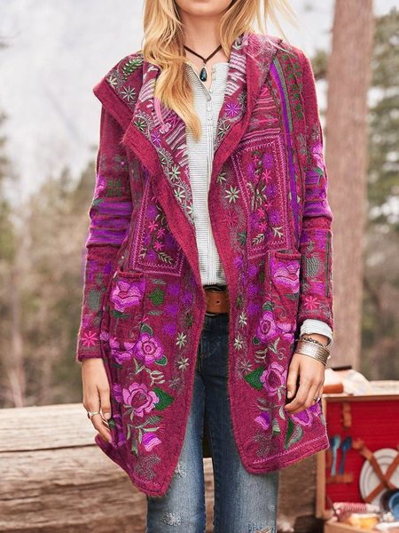 Damen kunstvoll bestickte Strickjacke mit Kapuze und Taschen R&B