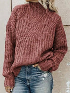 Damen Strickpullover mit hohem Kragen und Zopfmuster R&B