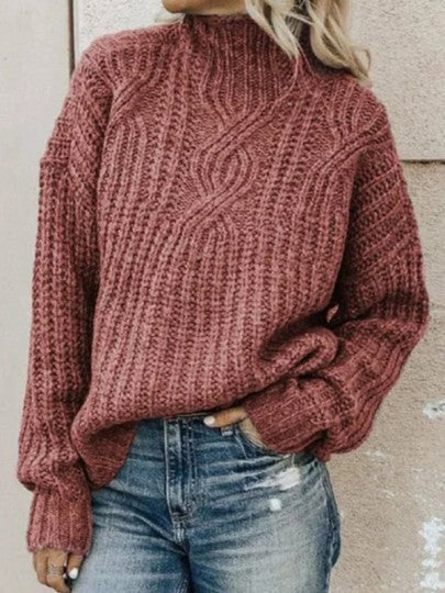 Damen Strickpullover mit hohem Kragen und Zopfmuster R&B