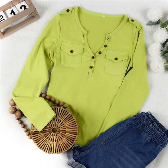 Damen Langarmshirt mit Knopfleiste und aufgesetzten Taschen R&B