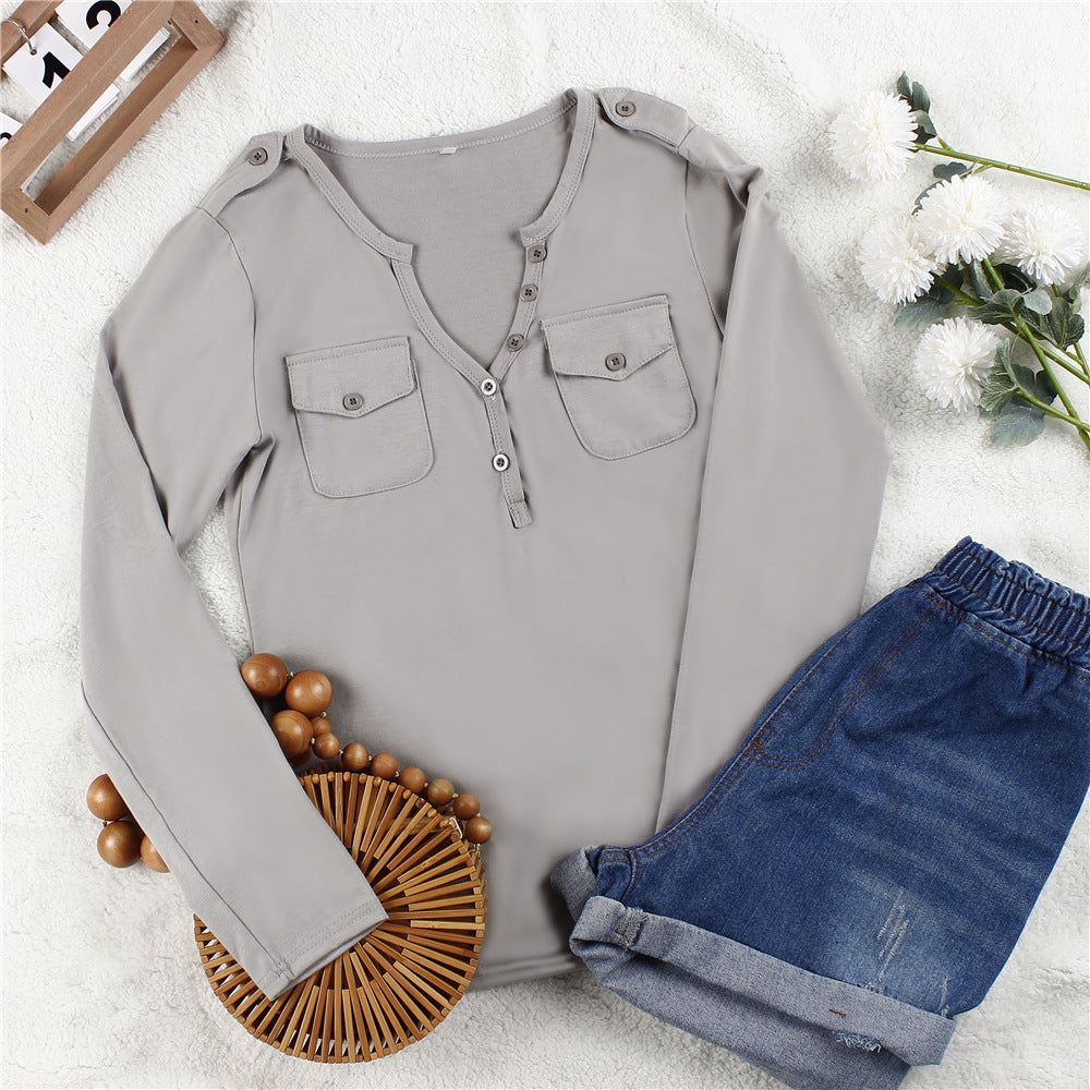 Damen Langarmshirt mit Knopfleiste und aufgesetzten Taschen R&B