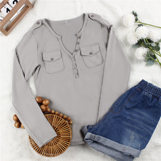 Damen Langarmshirt mit Knopfleiste und aufgesetzten Taschen R&B