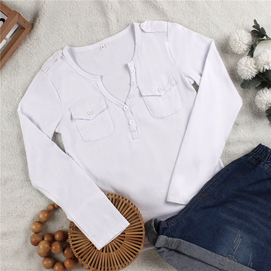 Damen Langarmshirt mit Knopfleiste und aufgesetzten Taschen R&B