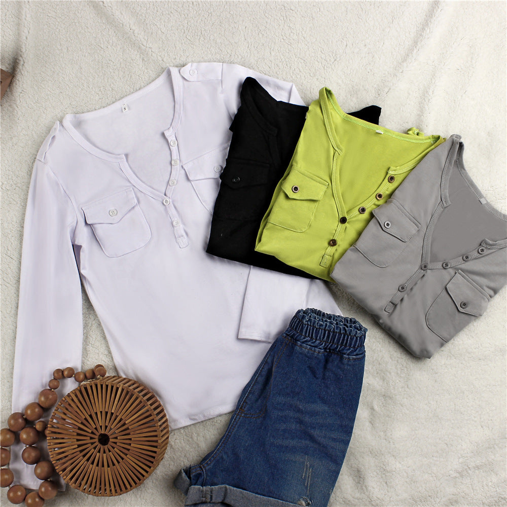Damen Langarmshirt mit Knopfleiste und aufgesetzten Taschen R&B