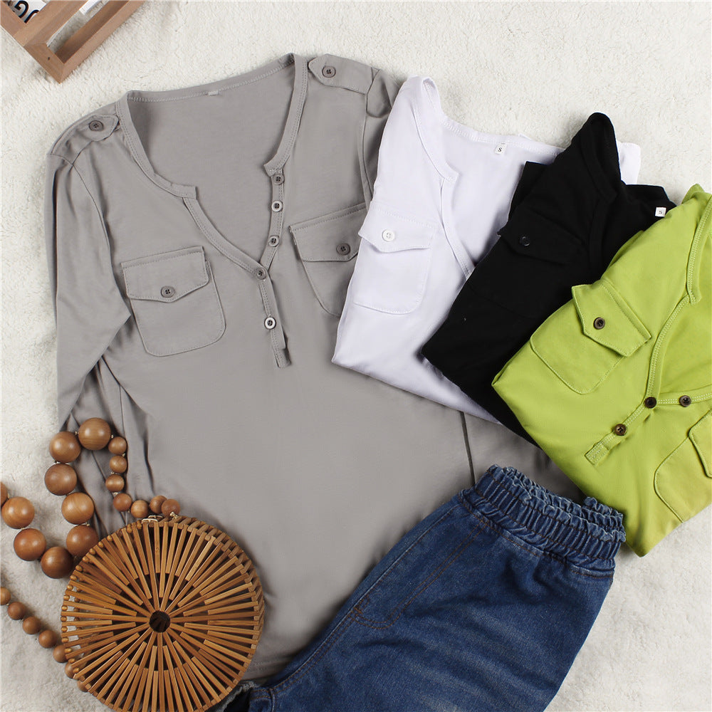 Damen Langarmshirt mit Knopfleiste und aufgesetzten Taschen R&B