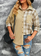 R&B | Karierte Farbblock Gefallen Schulter Corduroy Shacket