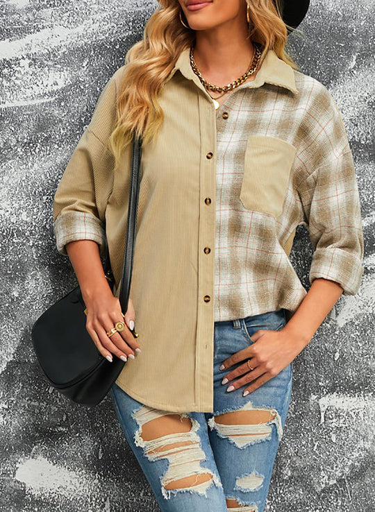 R&B | Karierte Farbblock Gefallen Schulter Corduroy Shacket
