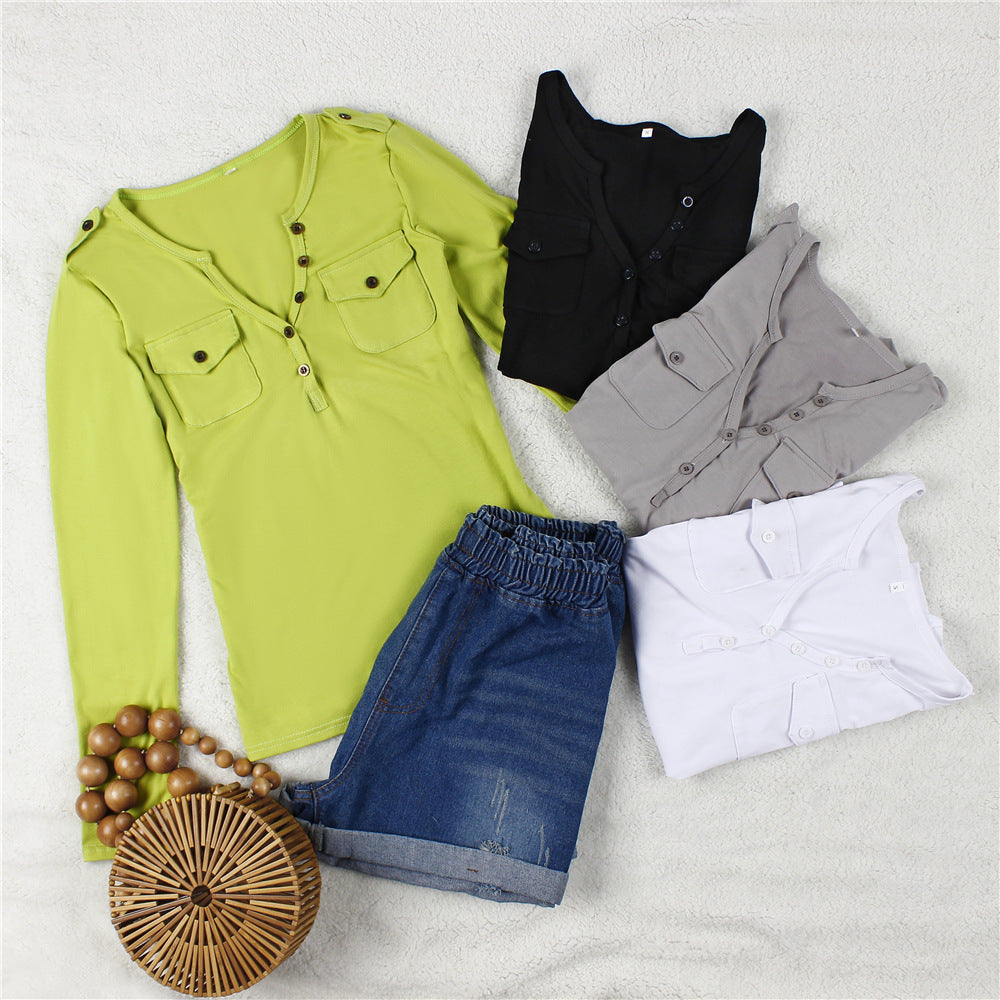 Damen Langarmshirt mit Knopfleiste und aufgesetzten Taschen R&B
