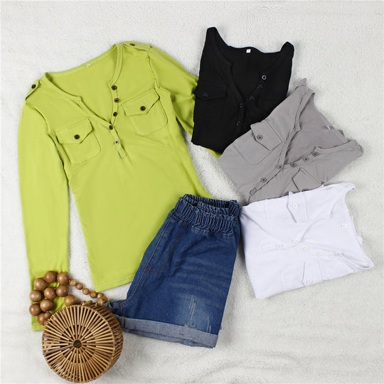 Damen Langarmshirt mit Knopfleiste und aufgesetzten Taschen R&B