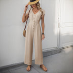 R&B | V-Ausschnitt einfarbiger elastischer Overall mit hoher Taille und weitem Bein