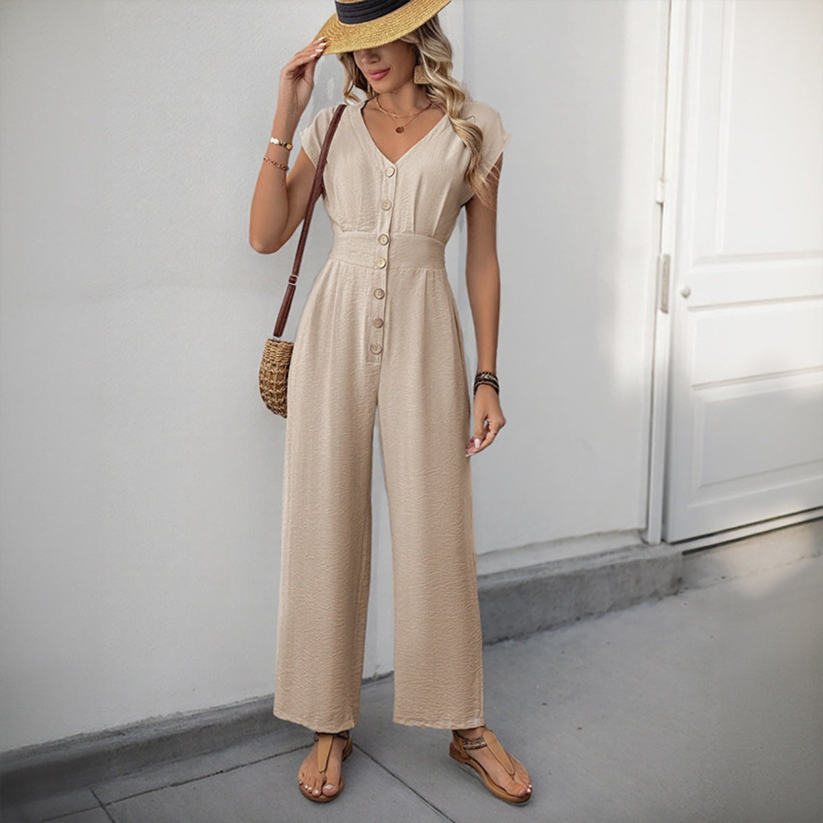 R&B | V-Ausschnitt einfarbiger elastischer Overall mit hoher Taille und weitem Bein