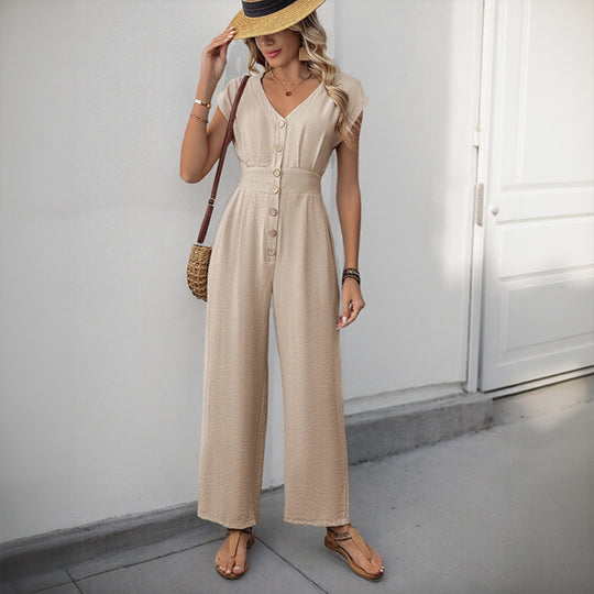 R&B | V-Ausschnitt einfarbiger elastischer Overall mit hoher Taille und weitem Bein