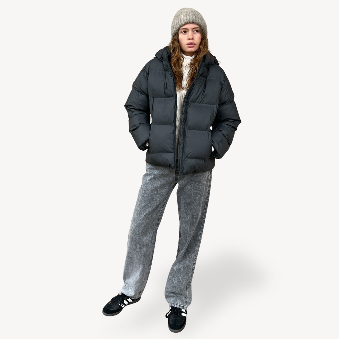 R&B | Damen Schwarze Kapuzen-Puffermantel Winter Polyester Jacke