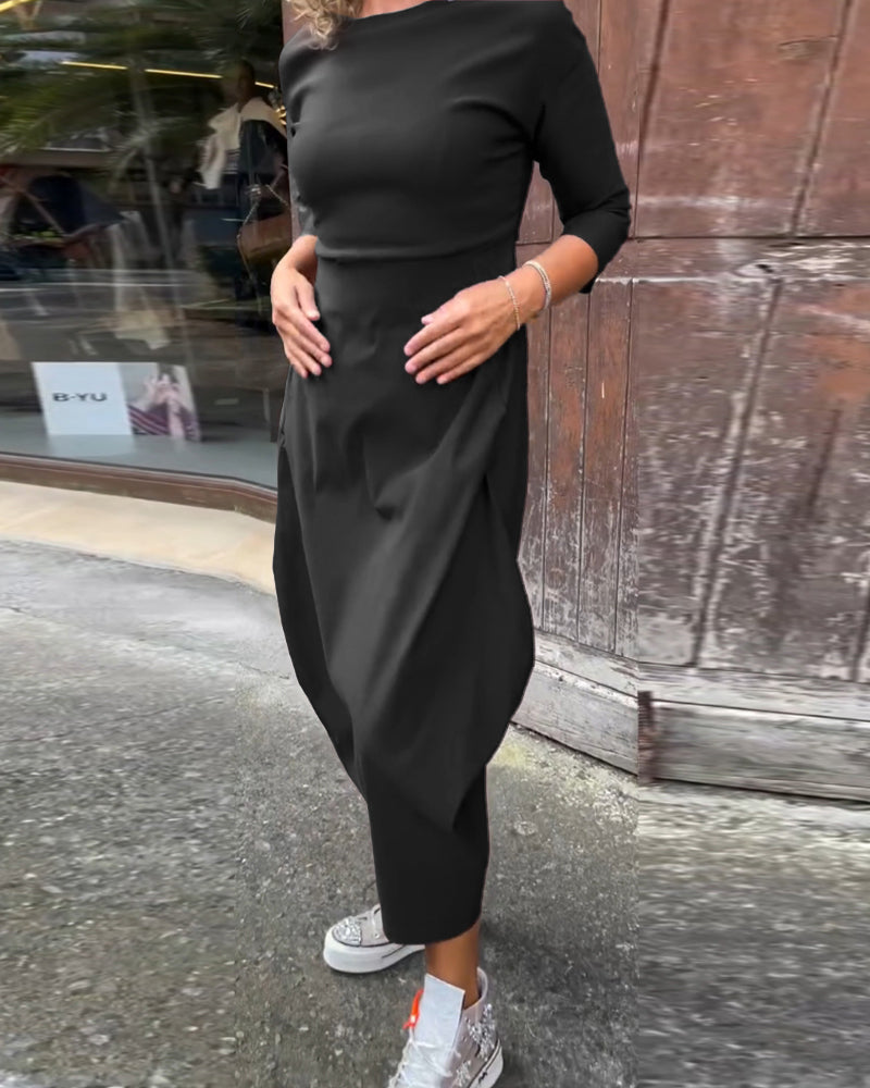 R&B | Schlichtes Einfarbiges Elegantes Kleid mit Langen Ärmeln und Tasche