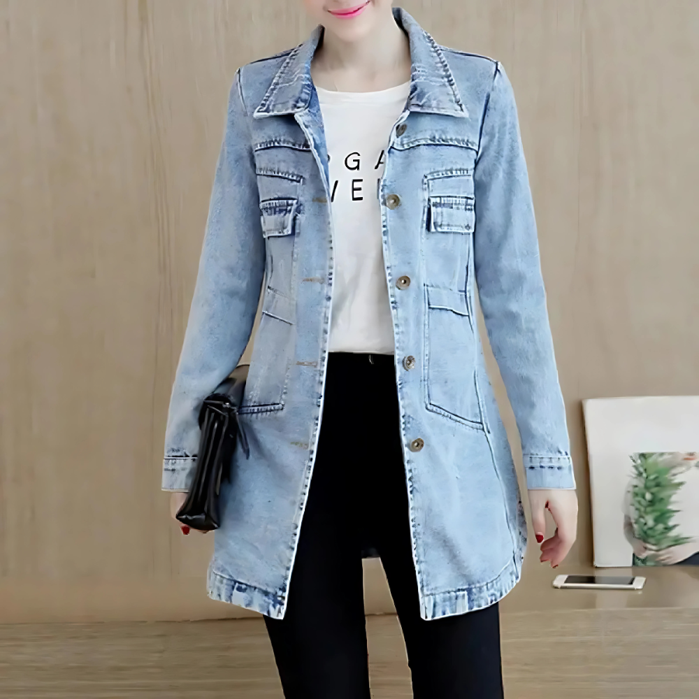 R&B | Lange Jeansjacke für Frauen mit Stickdetails
