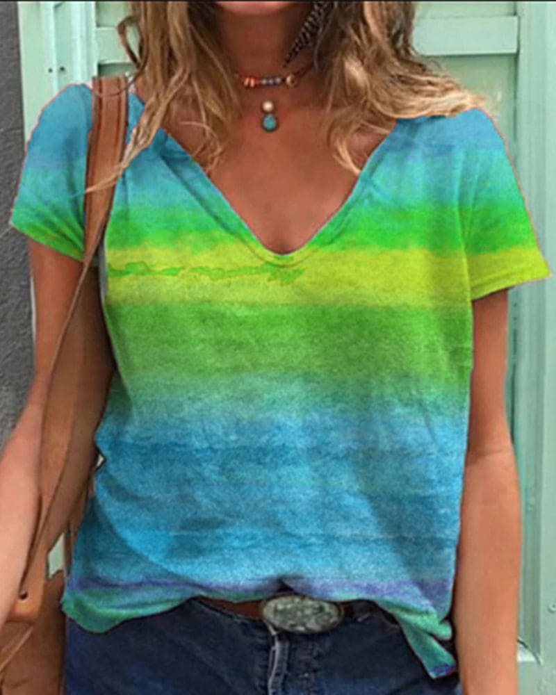 R&B | Luftiges T-shirt mit V-ausschnitt und Regenbogenmuster
