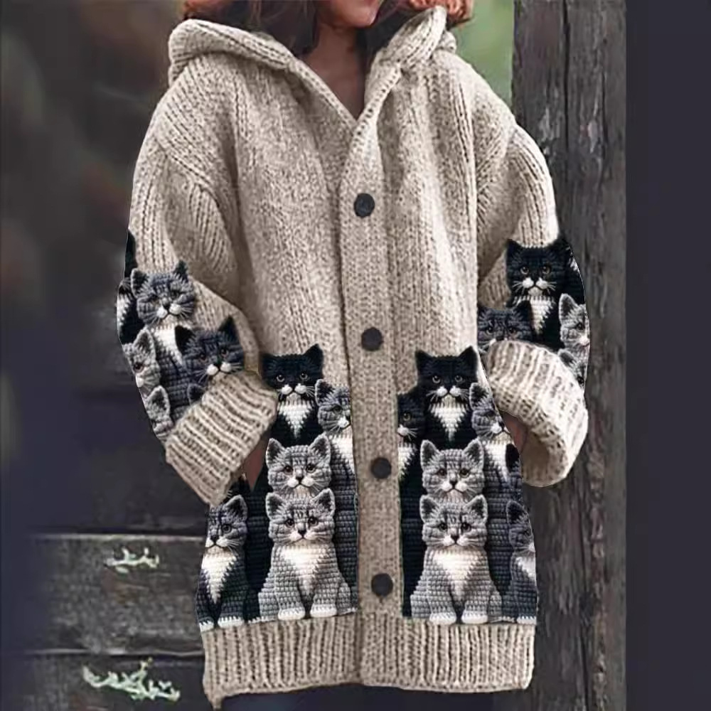 R&B | Gemütlicher Gestrickter Katze Druck Cardigan
