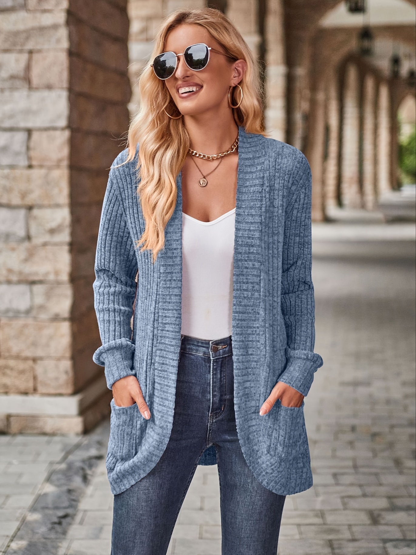 R&B | Damen Gerippter Offener Vorderseite Strickjacke Lange Ärmeln Lässig Strickpullover mit Taschen