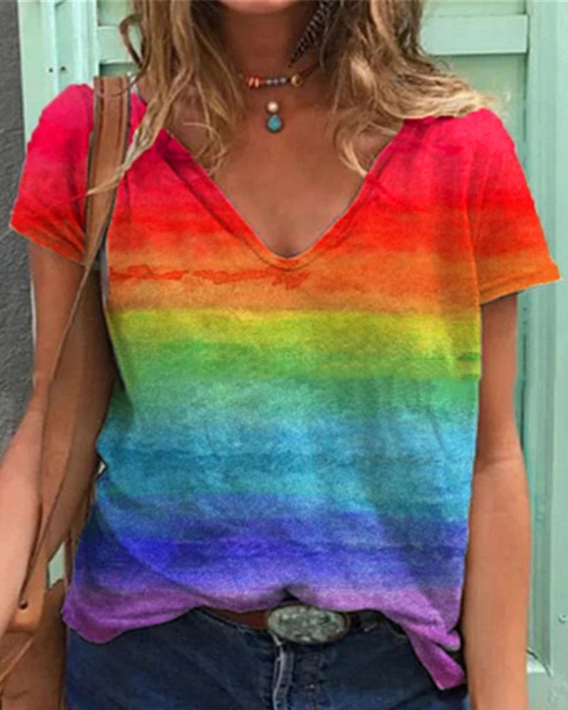 R&B | Luftiges T-shirt mit V-ausschnitt und Regenbogenmuster