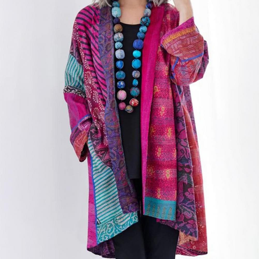 R&B | Kimono-Jacke - Bohemian-Patchwork-Design - Leicht und Luftig - Langärmlig Offene Vorderseite