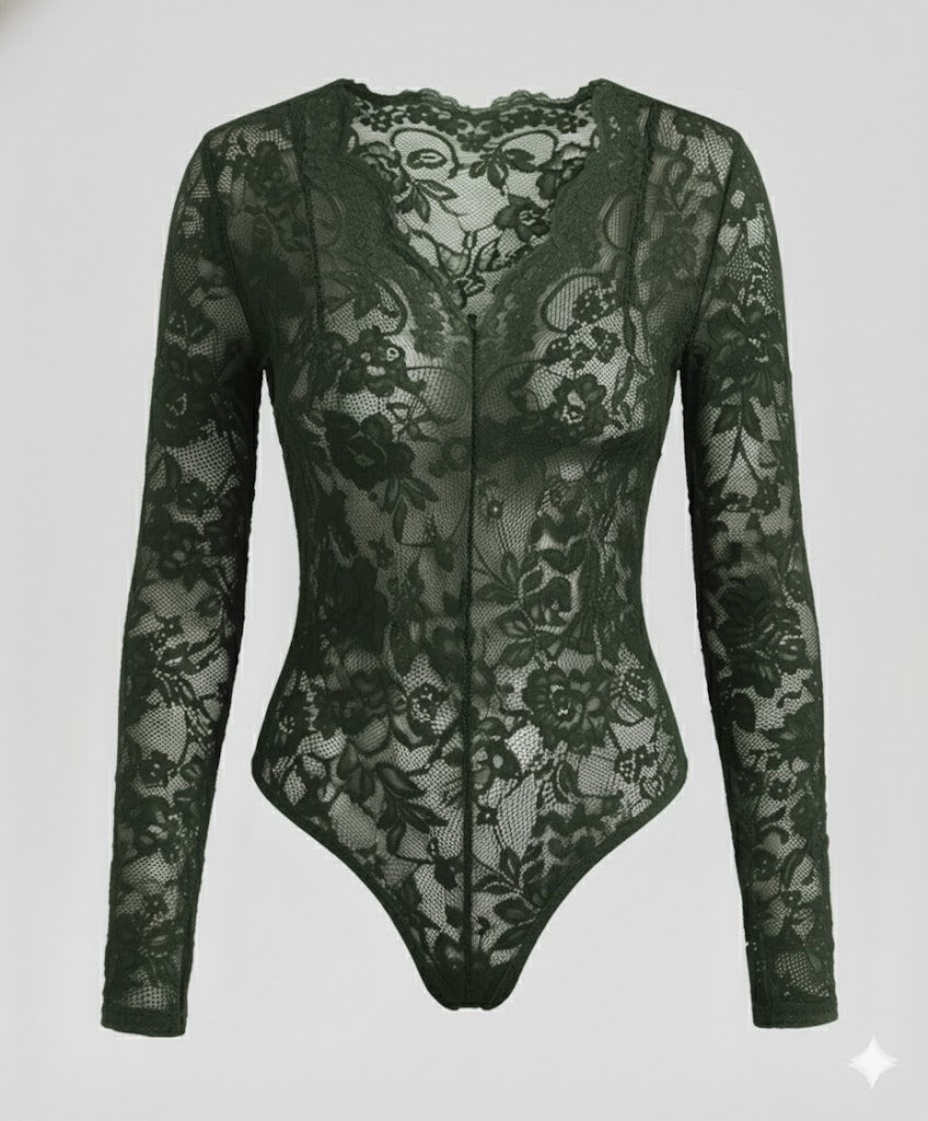Damen Spitzenbody Langarm V-Ausschnitt | R&B