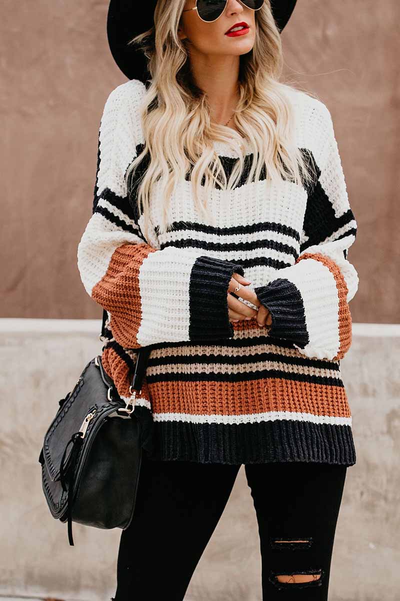 R&B | Pullover - Damen Winter Gestreifter Strickpullover