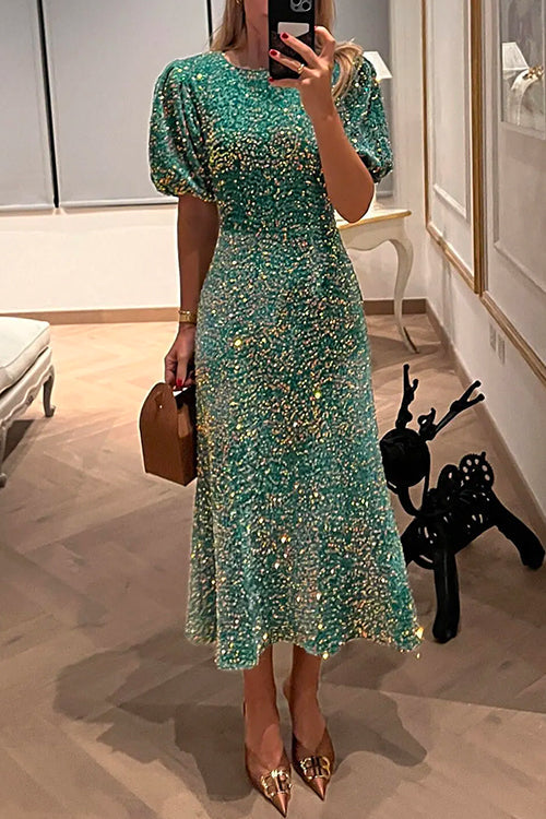 R&B | Puff Kurzarm Tailliertes Pailletten Midi Partykleid