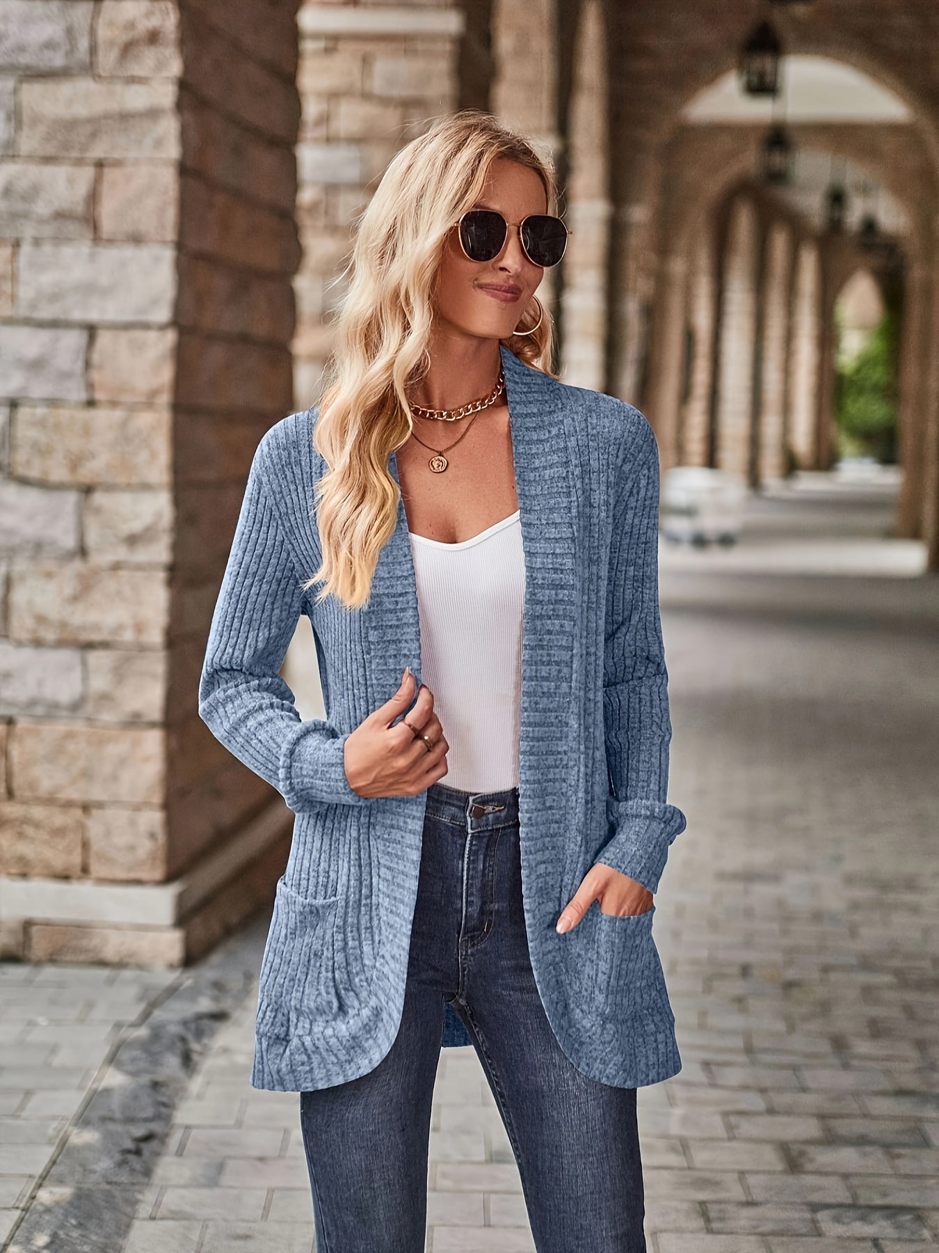 R&B | Damen Gerippter Offener Vorderseite Strickjacke Lange Ärmeln Lässig Strickpullover mit Taschen