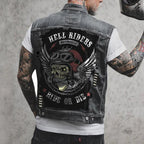 R&B Herren Motorrad-Denimweste mit Motorrad- und Skelettdruck