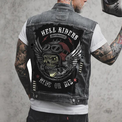R&B Herren Motorrad-Denimweste mit Motorrad- und Skelettdruck