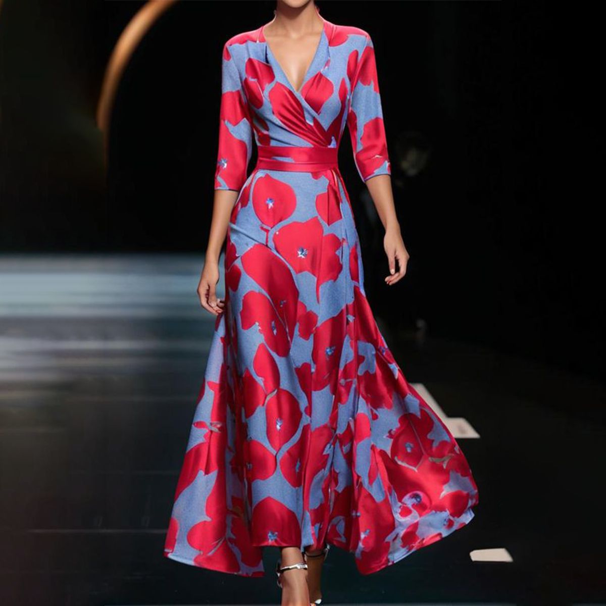 Beliebtes Maxikleid mit 3/4-Ärmeln und V-Ausschnitt