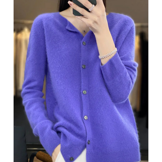 Heidi-Mode | Damen-Strickjacke mit O-Ausschnitt Aus 100 % Reiner Merinowolle, Kaschmirpullover