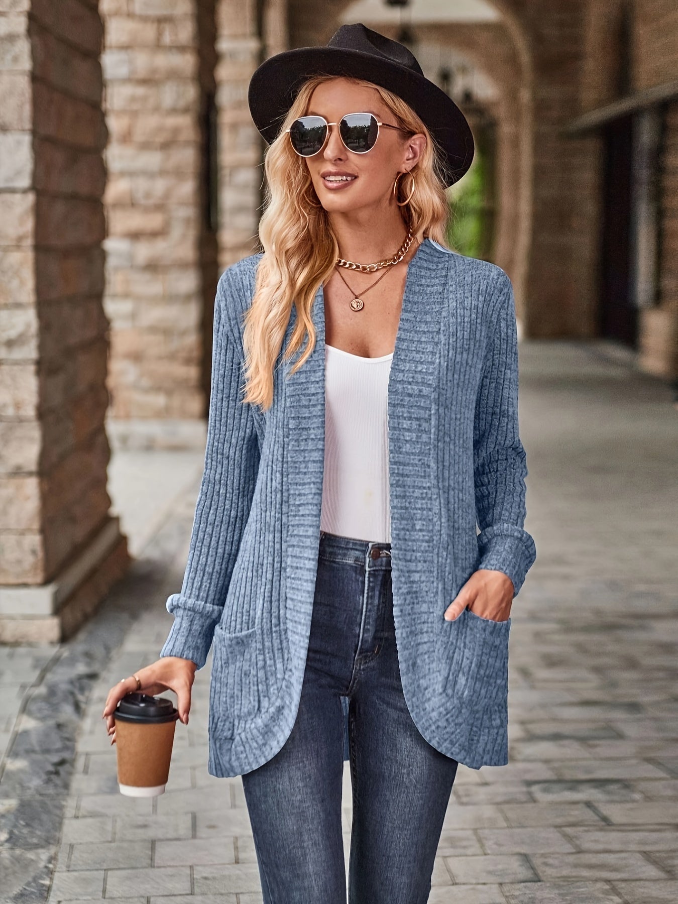 R&B | Damen Gerippter Offener Vorderseite Strickjacke Lange Ärmeln Lässig Strickpullover mit Taschen